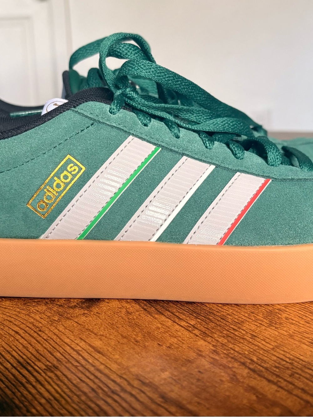 adidas Green Suede Sneakers with White Stripes and Gum Sole